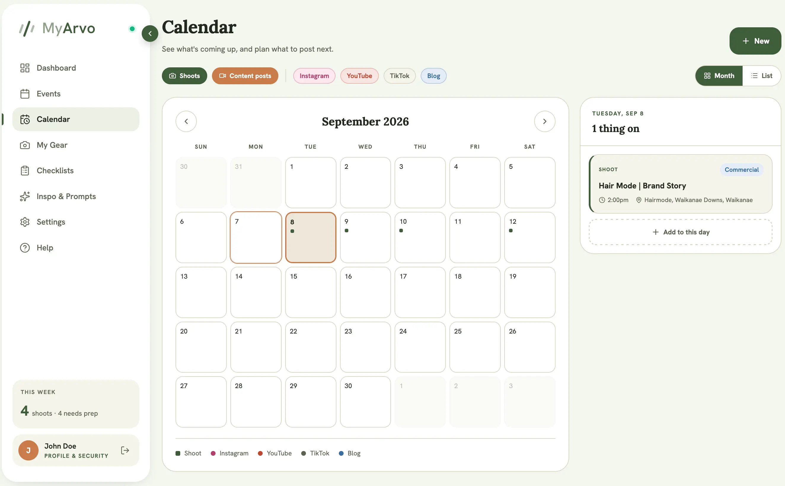 Content Calendar month view, showing event dots on several days