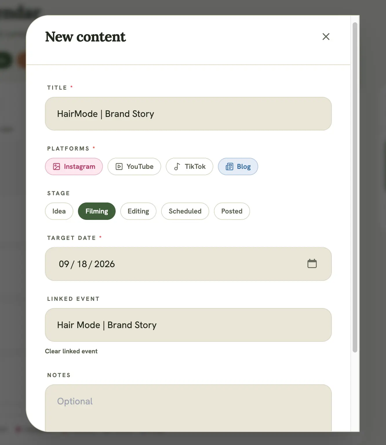 New content post modal, showing platform selection and stage