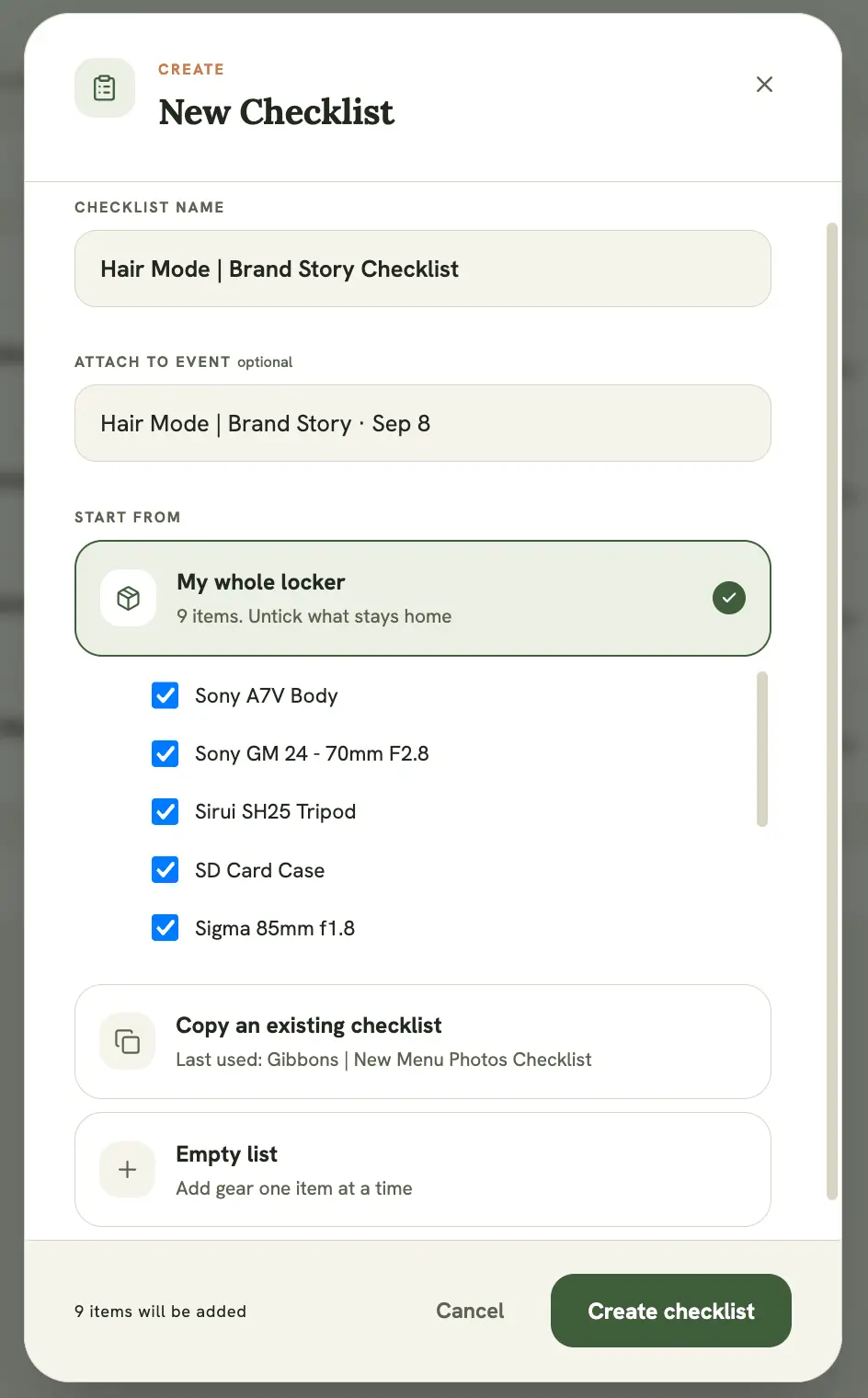 New Checklist modal, showing the “Start from” options with “My whole locker” selected