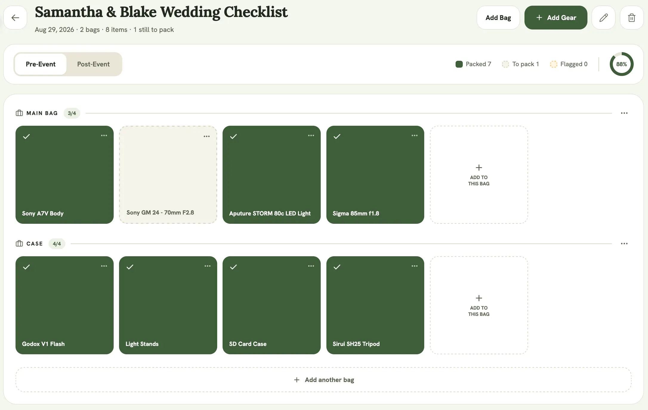Checklist detail page, showing the Pre-Event phase with gear grouped into bags