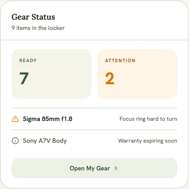 Dashboard “Items Need Attention” panel, listing a flagged gear item and its issue note