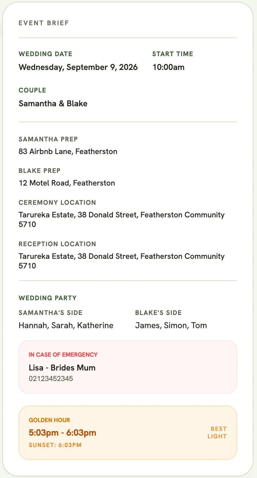 Event Brief panel for a wedding, showing dates, couple names, and locations