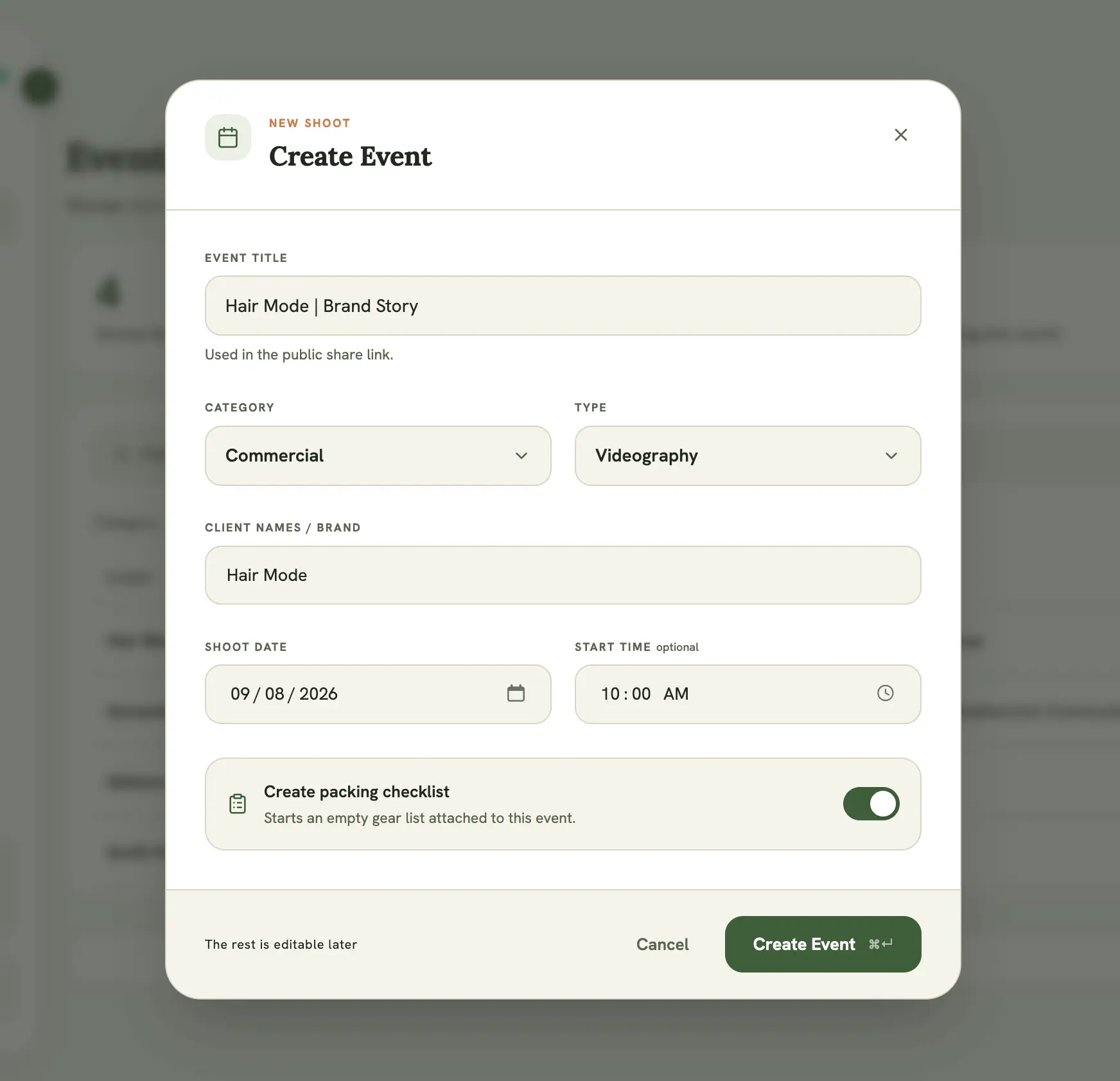 New Event modal, showing the title, date, category, and type fields