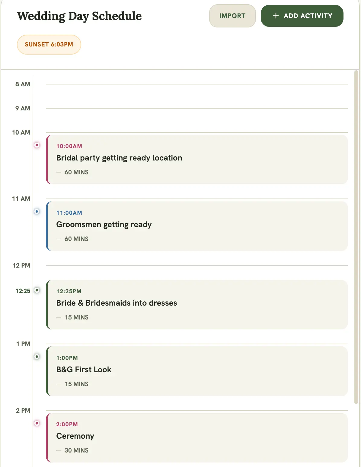 Event timeline, showing several stacked entries