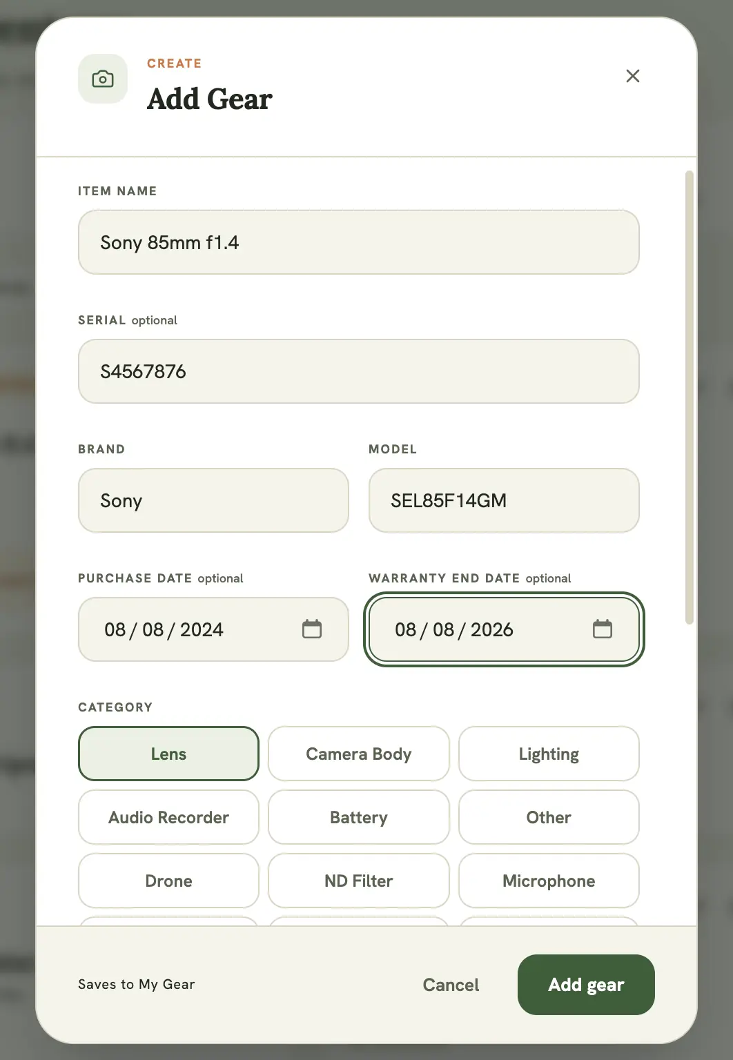 Add New Gear modal, showing the name, category, and warranty fields