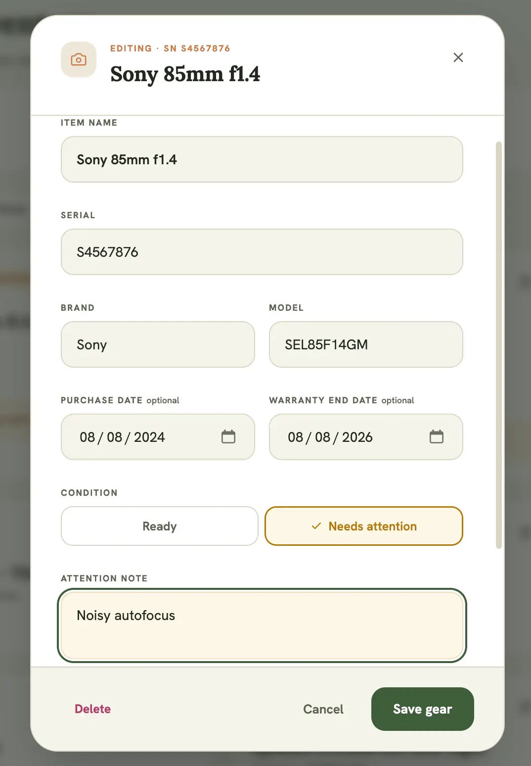 Gear edit form, “Needs Attention” toggle switched on with an issue note