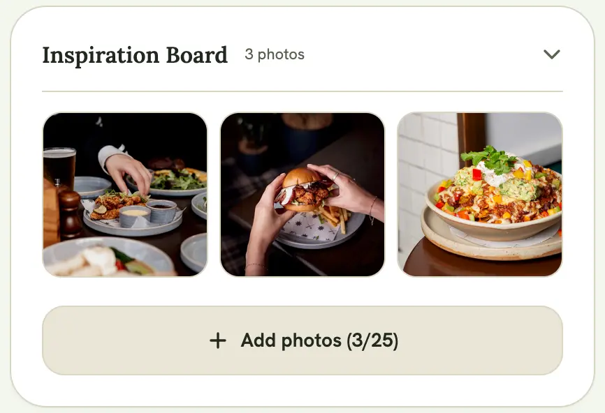 Inspiration Board section expanded, showing a grid of uploaded photos