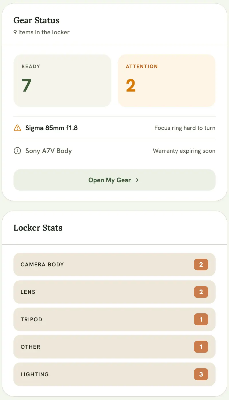 Dashboard “Locker Stats” card, showing category breakdown counts