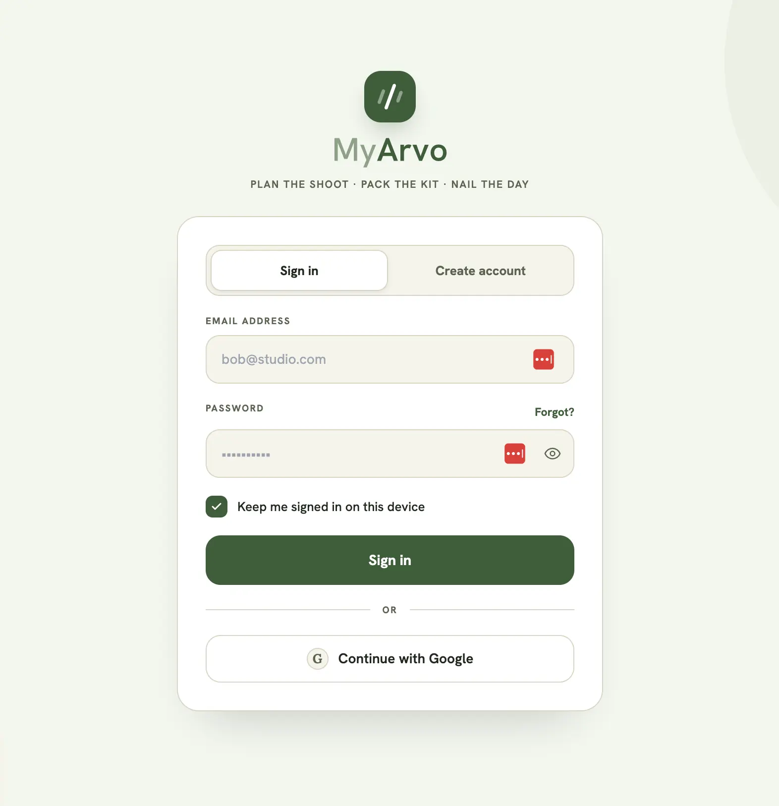 MyArvo login screen, showing the email/password form and the “Sign in with Google” button