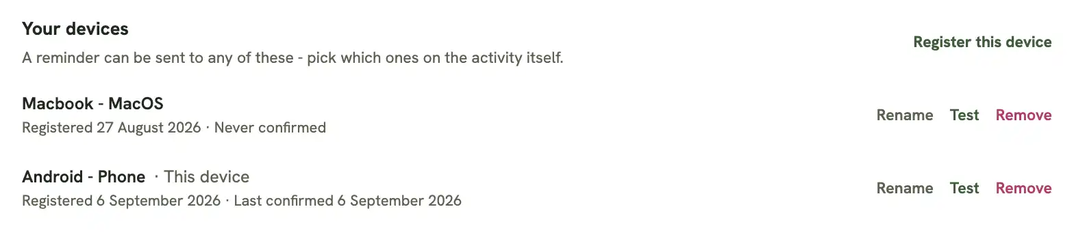 Settings → Notifications → Your devices, showing a registered device with its Test button and Last confirmed date