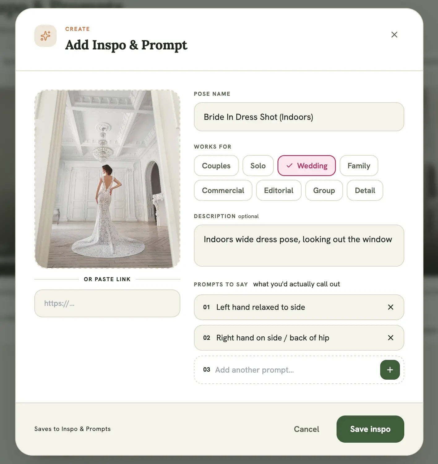 Add Pose modal, showing the reference image upload and directorial prompt fields