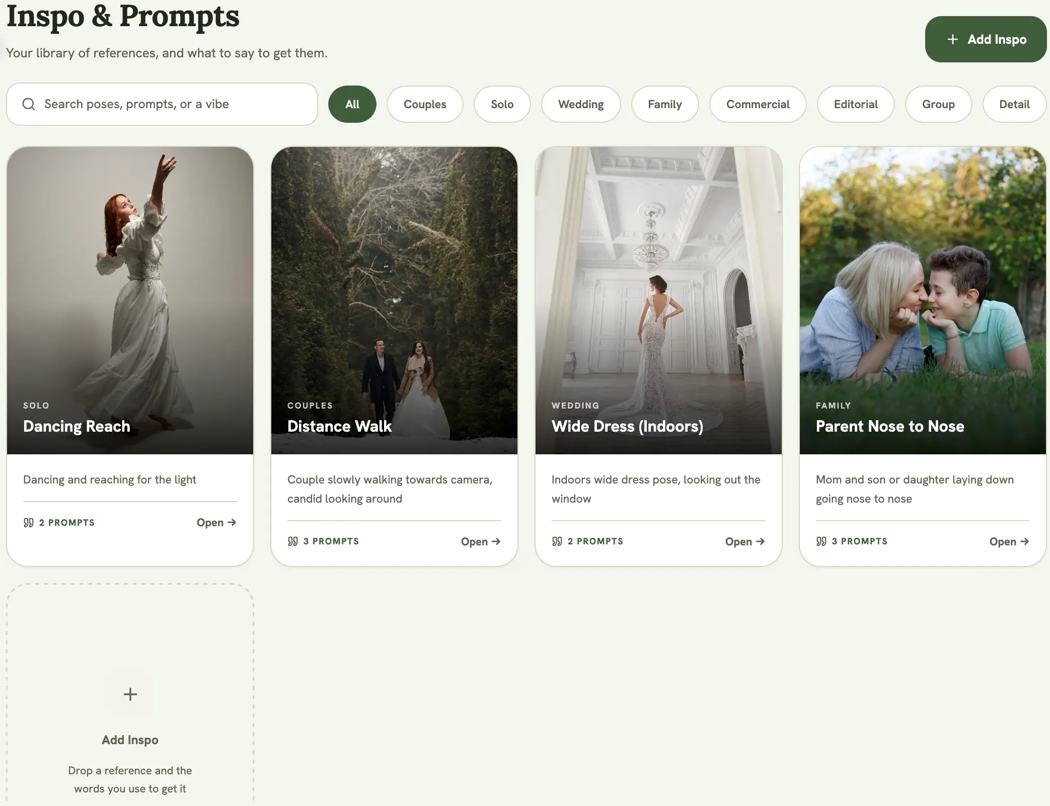Pose & Prompt Library grid view, showing several pose cards with category tags