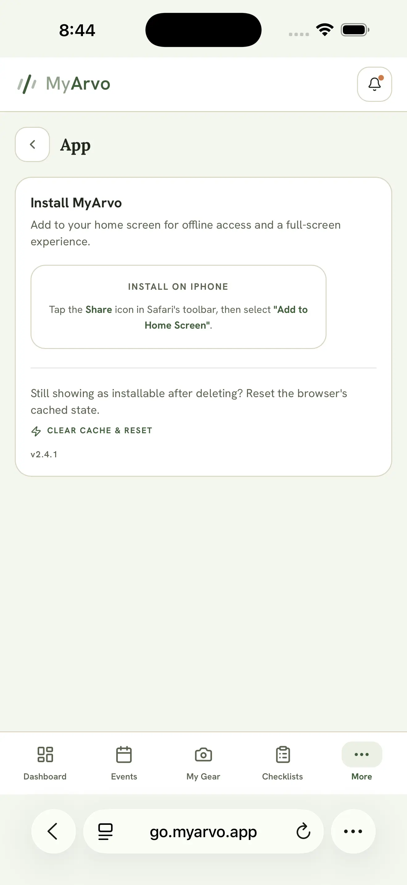 Settings page install card, showing the iOS “Add to Home Screen” instructions
