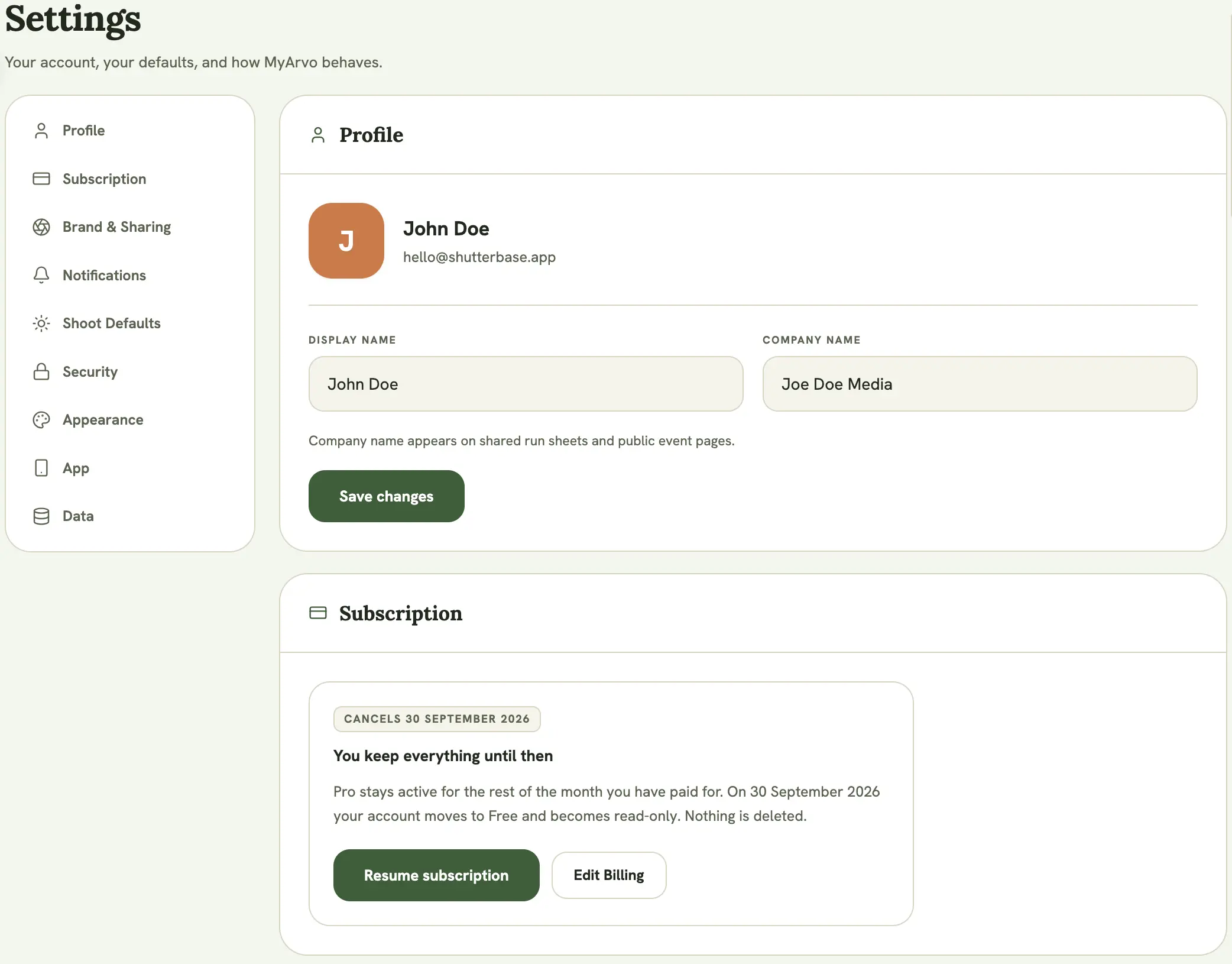 Settings page, showing the Appearance, Profile, and Security cards