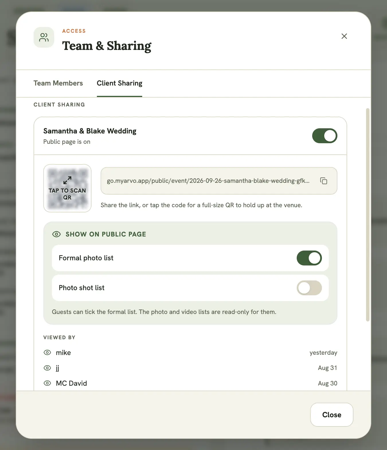 Team & Sharing modal, “Client Sharing” tab, showing the public page switch and link