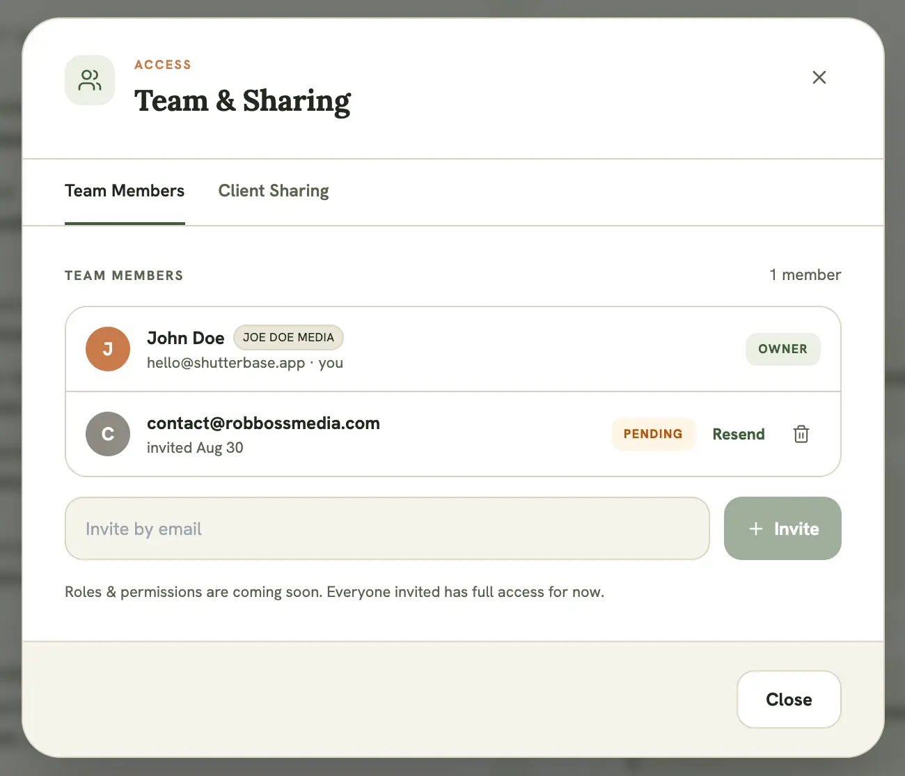 Team & Sharing modal, “Team Members” tab, showing the invite form and share-type options
