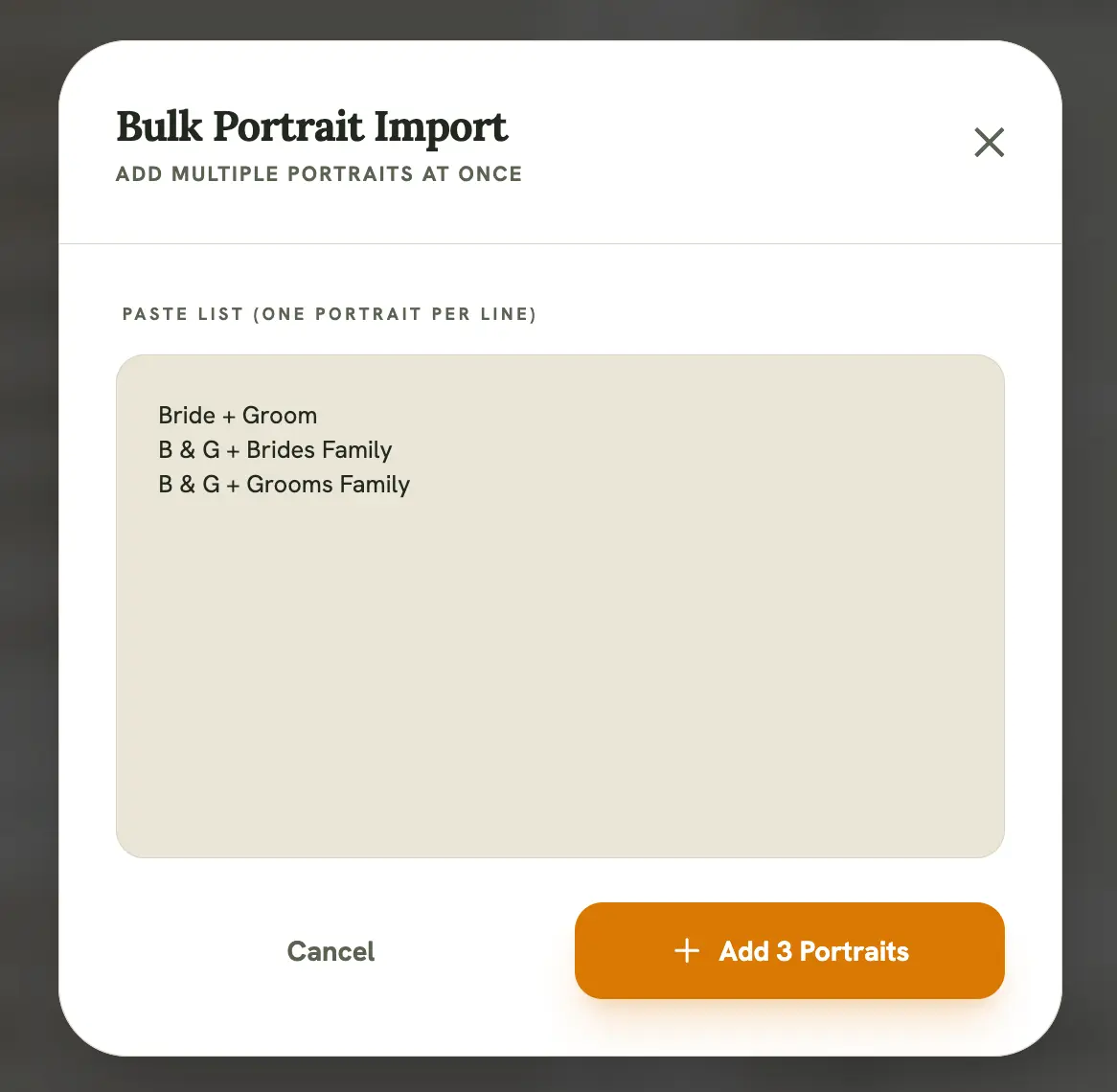 Bulk Photo Import modal, showing pasted shots in the textarea