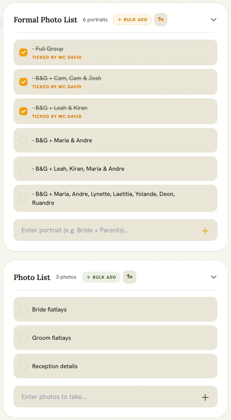 Event page with the Photo List and Video List sections expanded, showing checked and unchecked shots