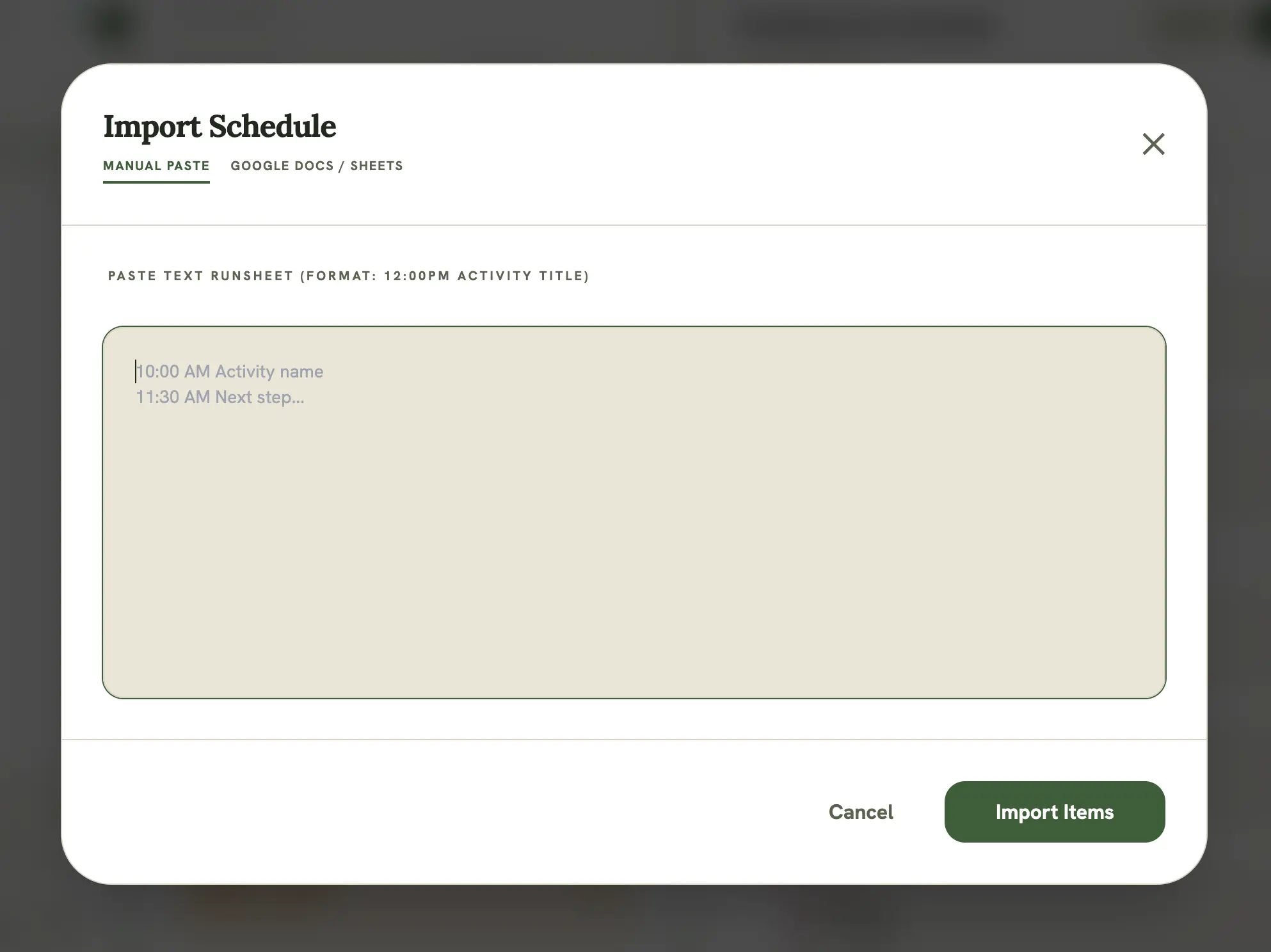 Bulk Import modal, showing the “Manual Paste” and “Google Docs / Sheets” tabs