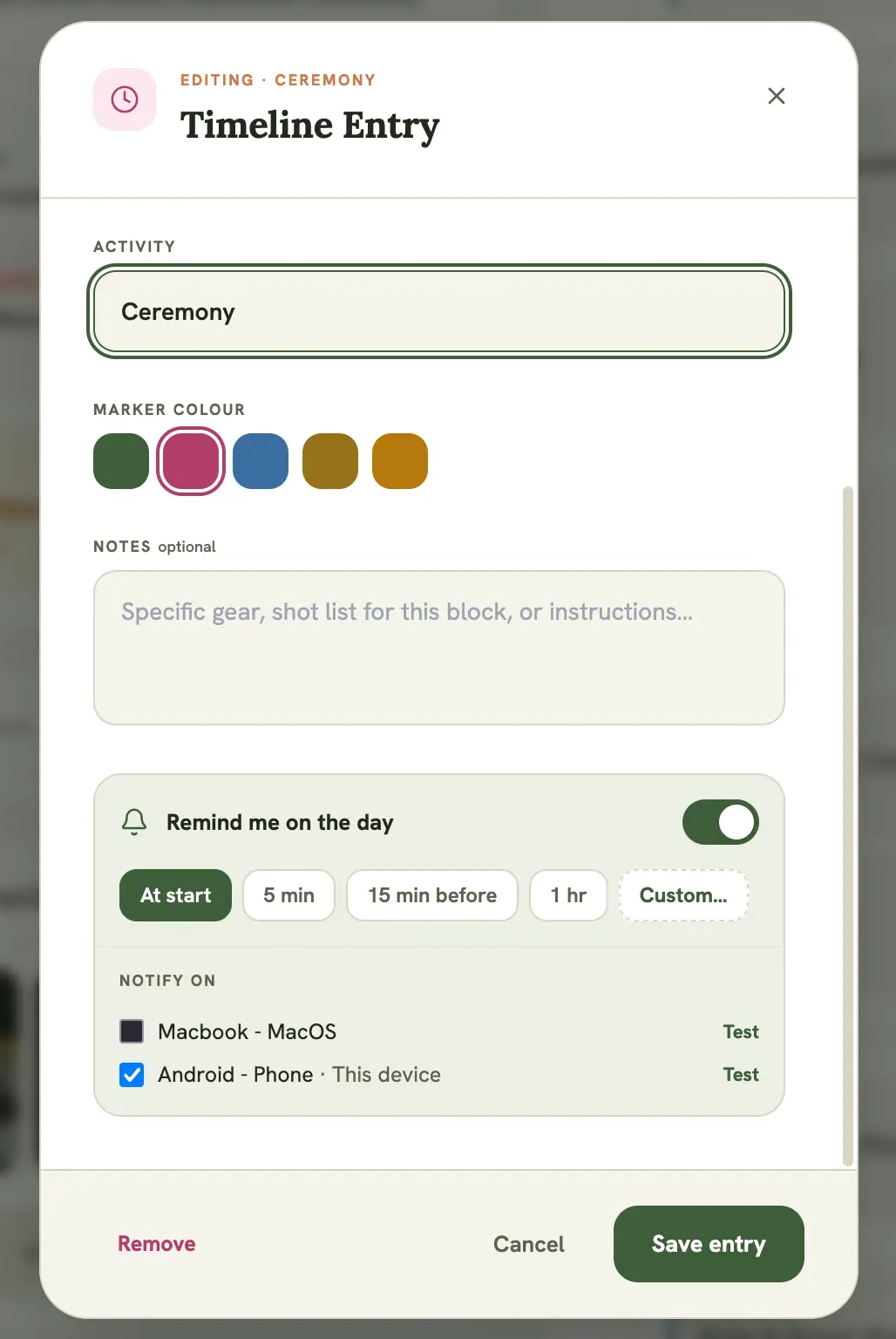Timeline Entry modal, showing the “Remind me on the day” toggle